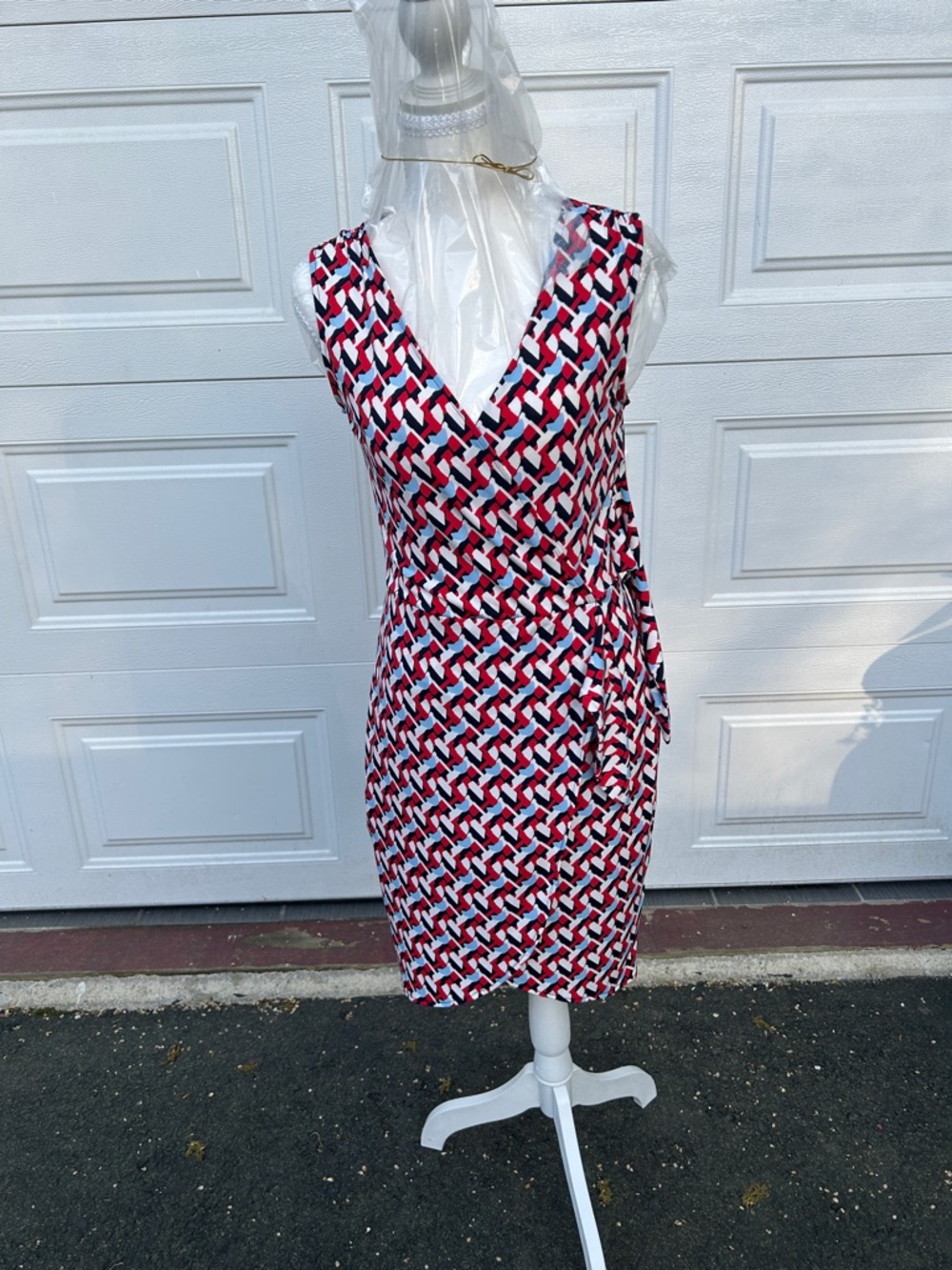 Banana Republic Sleeveless Geometric Wrap Midi Dress in Red, White & Navy